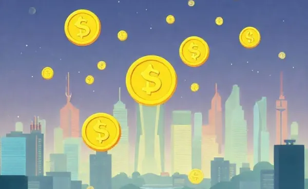 Illustration of a digital city with floating stablecoins