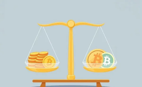 Balancing scale with coins and digital currency symbols