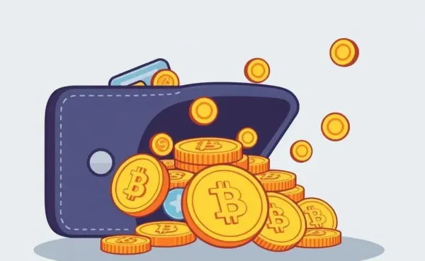 Cartoon digital wallet with various stablecoins