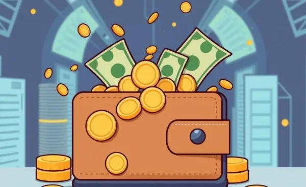 Digital wallet overflowing with coins and bills in a futuristic landscape