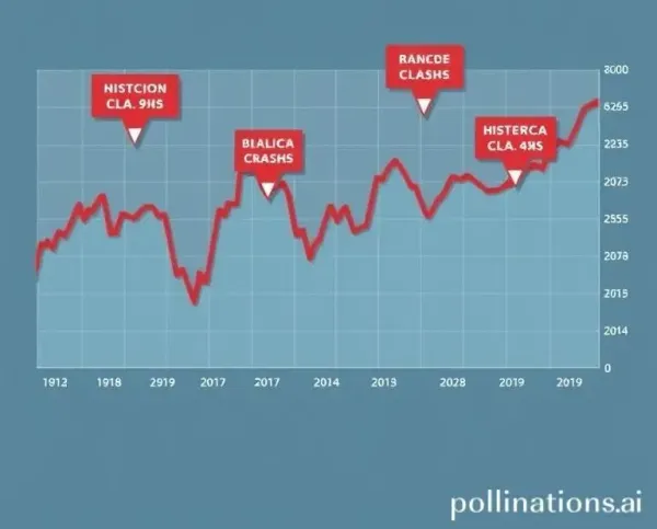 A cartoon-style stock market graph spanning different decades with crash markers.