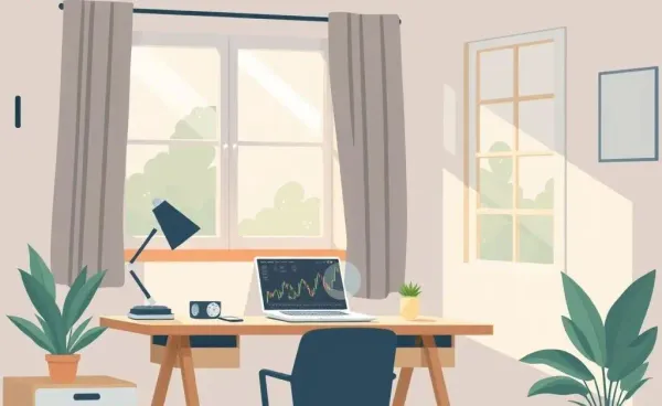 A cozy home office desk with a laptop displaying a stock market graph.