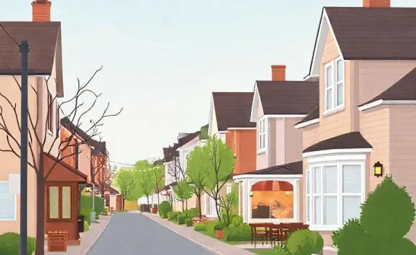 A cartoon-style image of a suburban street with a small restaurant next to homes