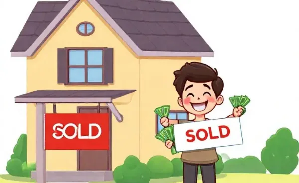 Joyful person next to a sold house and cash