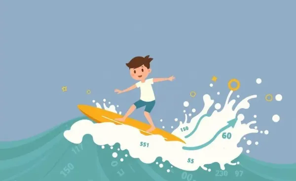 A cartoon image of a person surfing on a stock market graph wave