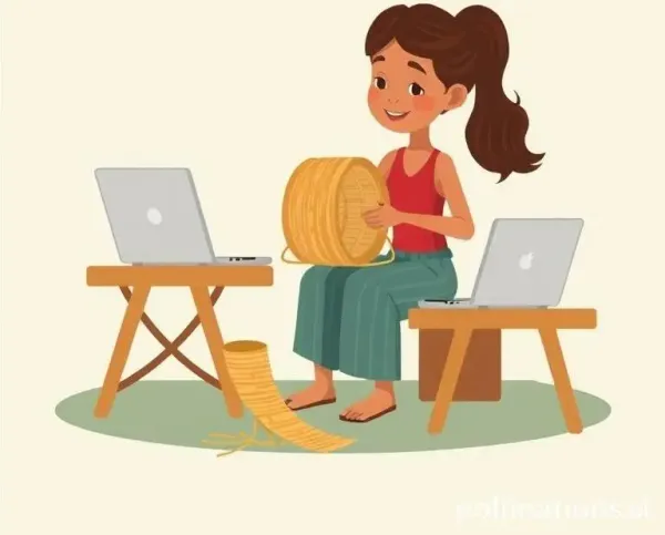A cartoon depiction of someone practicing traditional DIY skills beside modern tech on a desk