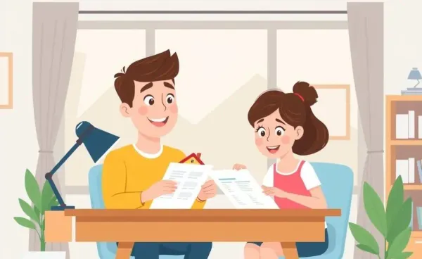 Cartoon-style image of a couple discussing mortgages at a cozy desk