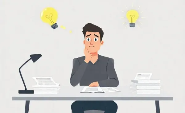 A person looking at insurance documents with a lightbulb idea over their head