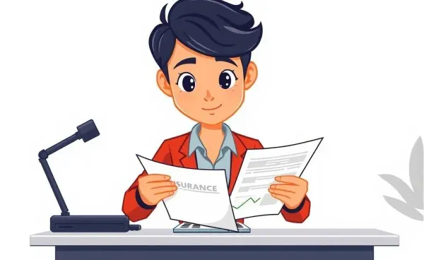 Person at desk surrounded by insurance documents looking thoughtful