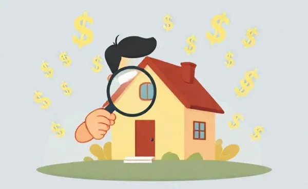 Illustration of a person examining a house with a magnifying glass, symbolizing deciphering PMI.