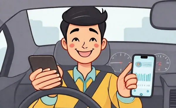 Illustration of a driver tracking driving habits via a smartphone.