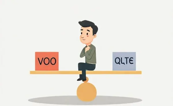 Illustration of a person balancing VOO and QQQ ETFs