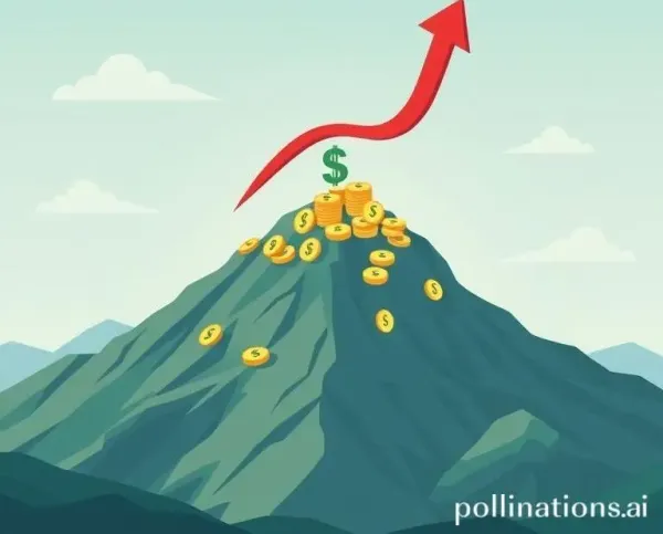 An illustration showing wealth growth with a mountain of money and an upward arrow